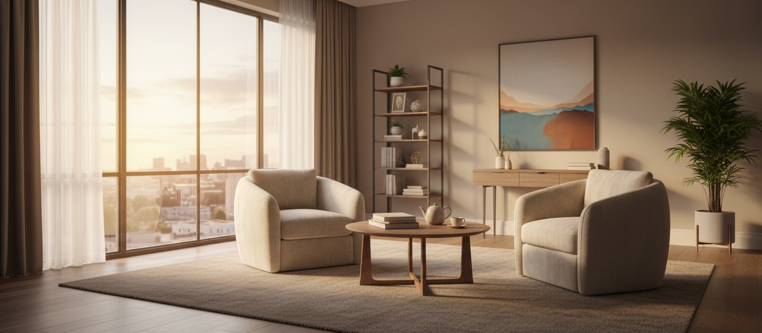Pusty gabinet psychoterapii z fotelem w ciepłym świetle